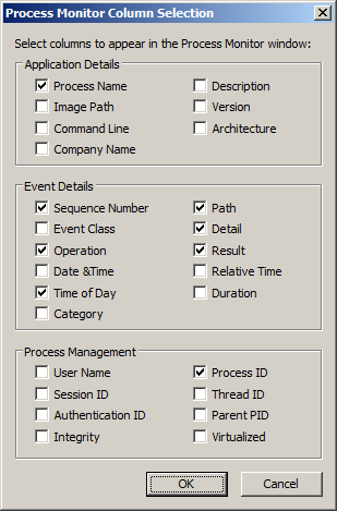 Выбор колонок в окне данных утилиты Process Monitor от Sysinternals